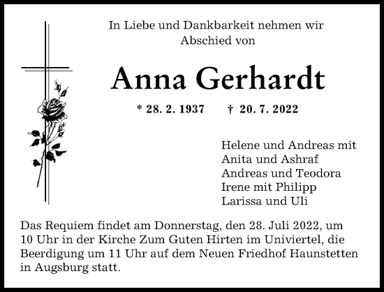 Traueranzeige von Anna Gerhardt von Augsburger Allgemeine