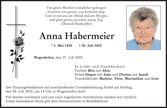 Traueranzeige von Anna Habermeier von Neuburger Rundschau
