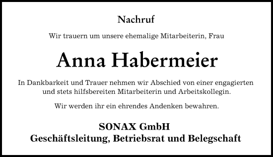 Traueranzeige von Anna Habermeier von Neuburger Rundschau