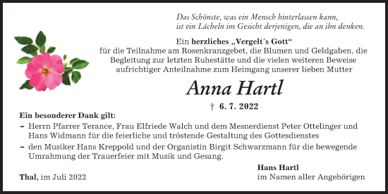 Traueranzeige von Anna Hartl von Friedberger Allgemeine