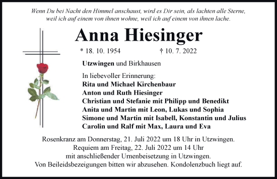 Traueranzeige von Anna Hiesinger von Rieser Nachrichten