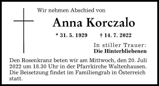 Traueranzeige von Anna Korczalo von Mittelschwäbische Nachrichten