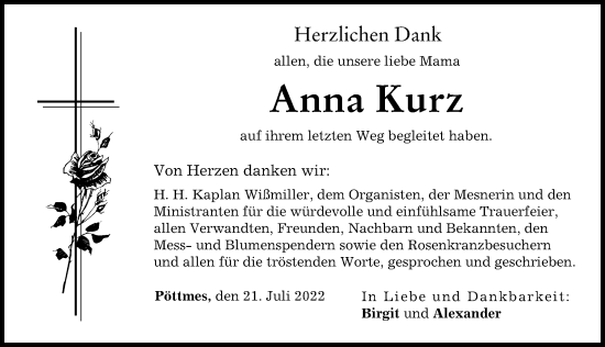 Traueranzeige von Anna Kurz von Aichacher Nachrichten