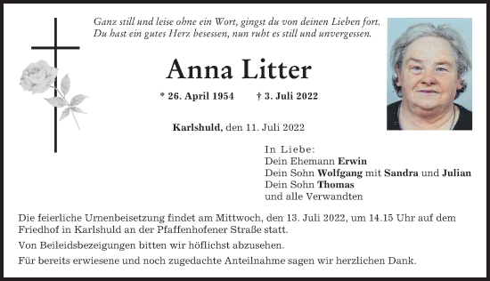 Traueranzeige von Anna Litter von Neuburger Rundschau