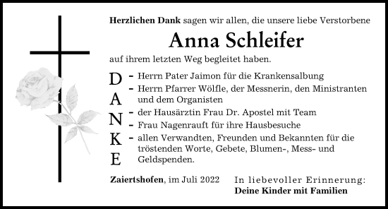 Traueranzeige von Anna Schleifer von Mittelschwäbische Nachrichten