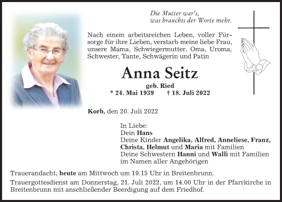 Traueranzeige von Anna Seitz von Mindelheimer Zeitung