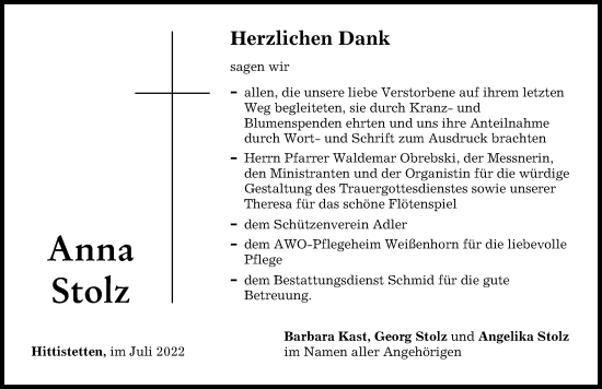 Traueranzeige von Anna Stolz von Neu-Ulmer Zeitung