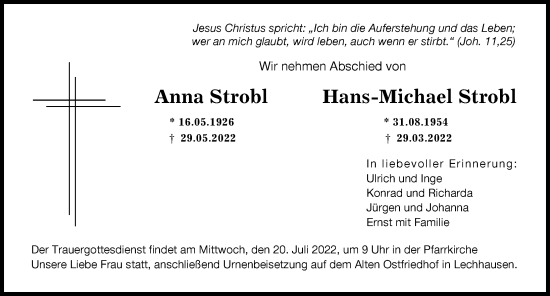 Traueranzeige von Anna Strobl von Augsburger Allgemeine