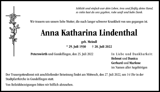 Traueranzeige von Anna Katharina Lindenthal von Donau Zeitung