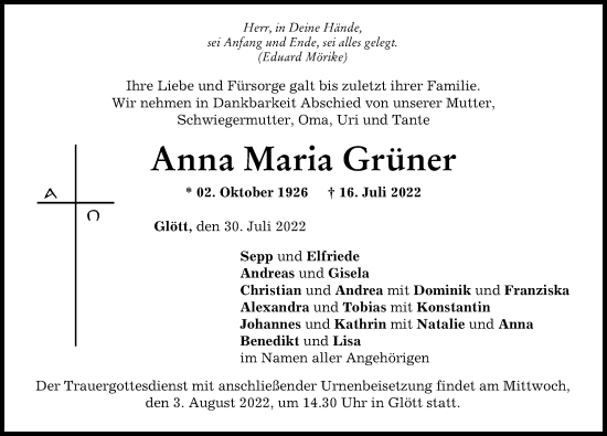 Traueranzeige von Anna Maria Grüner von Donau Zeitung