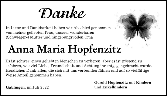 Traueranzeige von Anna Maria Hopfenzitz von Augsburger Allgemeine