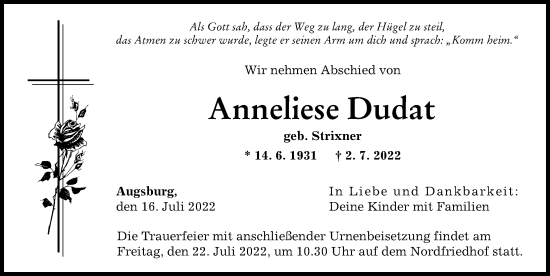 Traueranzeige von Anneliese Dudat von Augsburger Allgemeine