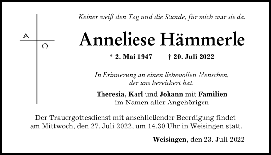 Traueranzeige von Anneliese Hämmerle von Donau Zeitung