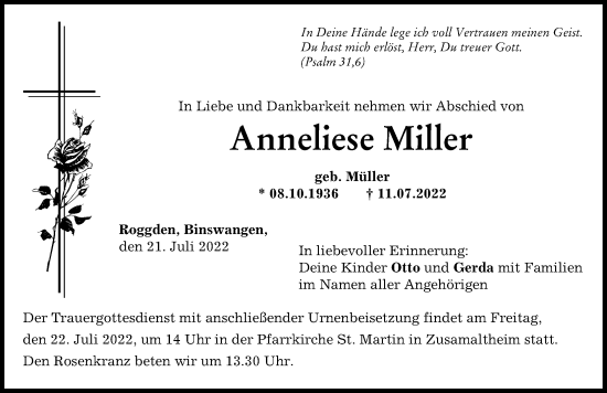 Traueranzeige von Anneliese Miller von Wertinger Zeitung