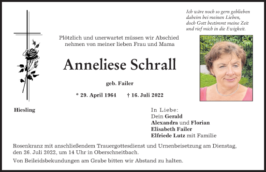 Traueranzeige von Anneliese Schrall von Aichacher Nachrichten