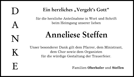 Traueranzeige von Anneliese Steffen von Landsberger Tagblatt
