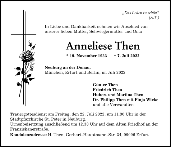 Traueranzeige von Anneliese Then von Neuburger Rundschau