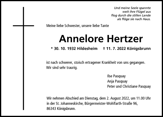Traueranzeige von Annelore Hertzer von Augsburger Allgemeine