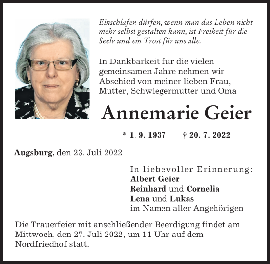Traueranzeige von Annemarie Geier von Augsburger Allgemeine