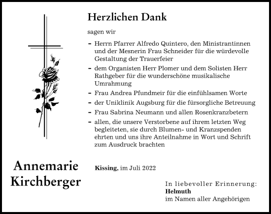 Traueranzeige von Annemarie Kirchberger von Friedberger Allgemeine