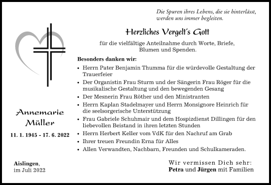 Traueranzeige von Annemarie Müller von Donau Zeitung