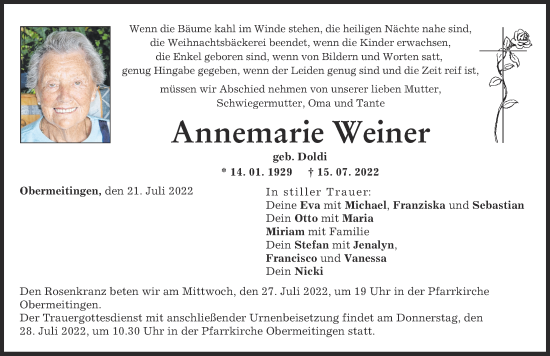 Traueranzeige von Annemarie Weiner von Schwabmünchner Allgemeine
