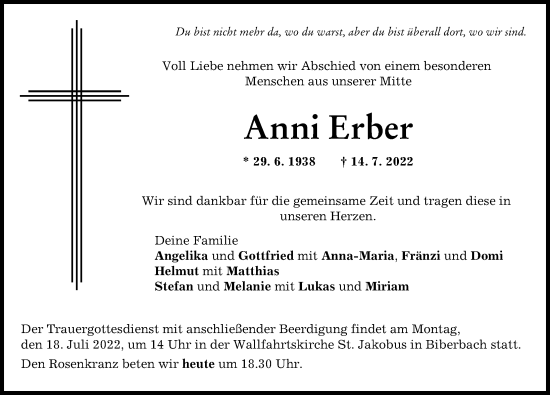 Traueranzeige von Anni Erber von Wertinger Zeitung, Augsburg-Land
