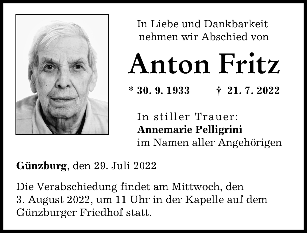  Traueranzeige für Anton Fritz vom 29.07.2022 aus Günzburger Zeitung