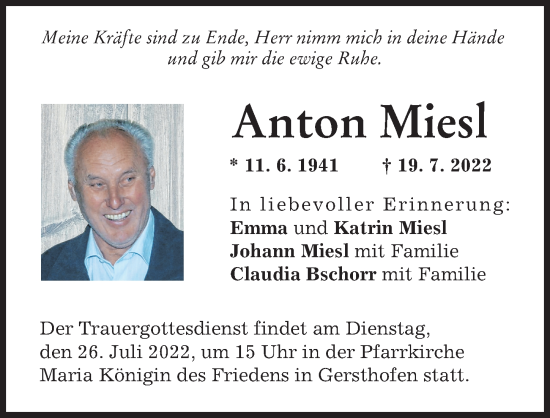 Traueranzeige von Anton Miesl von Augsburg-Land