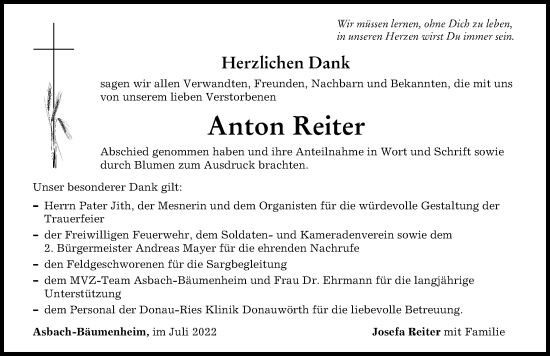 Traueranzeige von Anton Reiter von Donauwörther Zeitung