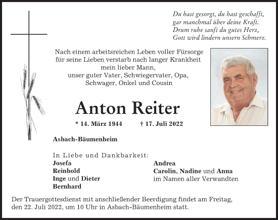 Traueranzeige von Anton Reiter von Donauwörther Zeitung