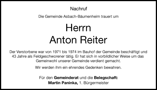 Traueranzeige von Anton Reiter von Donauwörther Zeitung