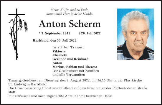 Traueranzeige von Anton Scherm von Neuburger Rundschau