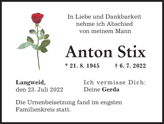 Traueranzeige von Anton Stix von Augsburg-Land