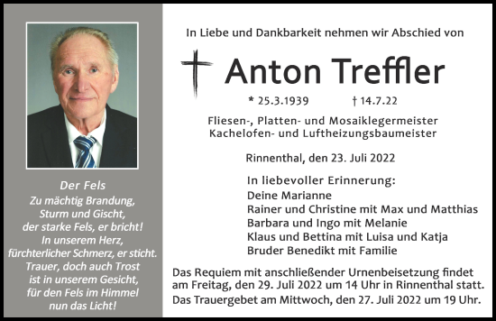 Traueranzeige von Anton Treffler von Friedberger Allgemeine, Augsburger Allgemeine