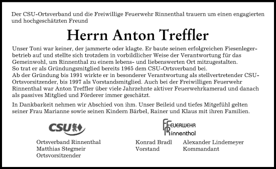 Traueranzeige von Anton Treffler von Friedberger Allgemeine