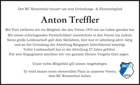 Traueranzeige von Anton Treffler von Friedberger Allgemeine