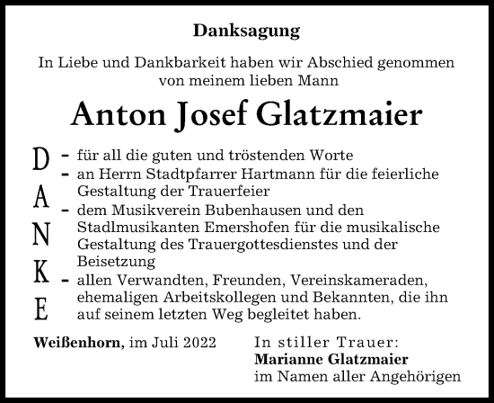 Traueranzeige von Anton Josef Glatzmaier von Neu-Ulmer Zeitung