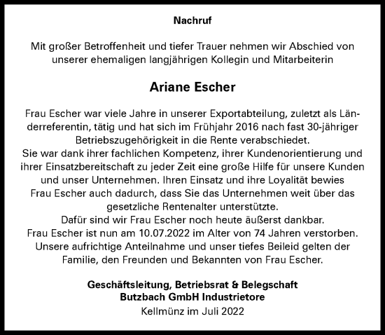 Traueranzeige von Ariane Escher von Illertisser Zeitung