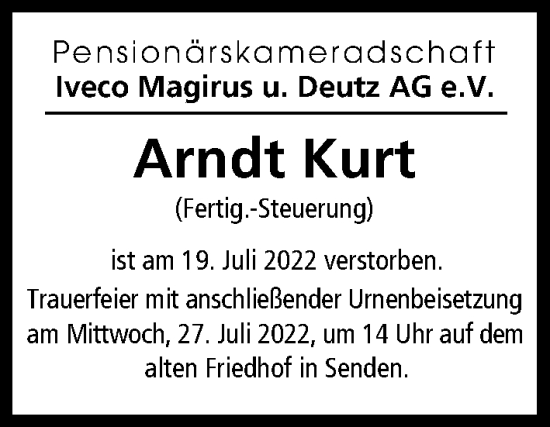Traueranzeige von Arndt Kurt von Illertisser Zeitung, Günzburger Zeitung, Neu-Ulmer Zeitung
