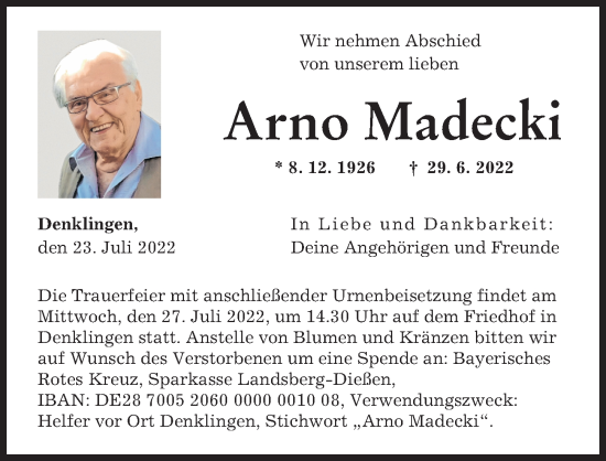 Traueranzeige von Arno Madecki von Landsberger Tagblatt