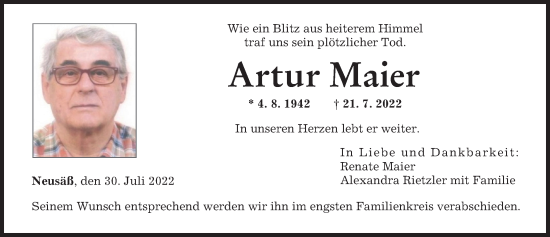 Traueranzeige von Artur Maier von Augsburger Allgemeine