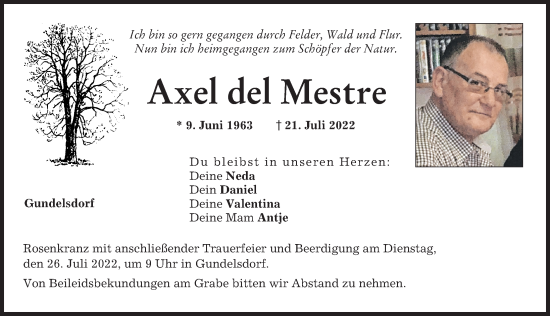 Traueranzeige von Axel del Mestre von Aichacher Nachrichten