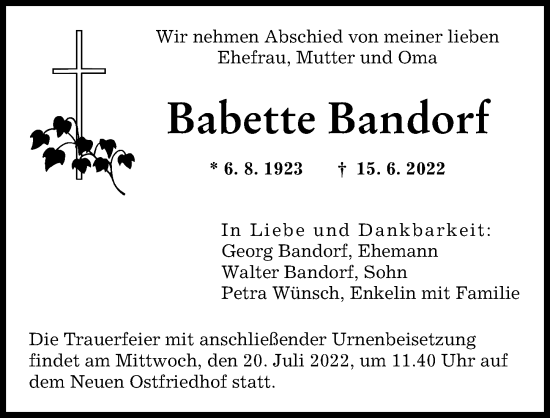 Traueranzeige von Babette Bandorf von Augsburger Allgemeine