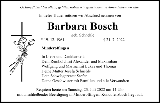 Traueranzeige von Barbara Bosch von Rieser Nachrichten