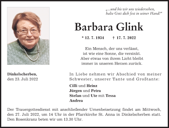 Traueranzeige von Barbara Glink von Augsburger Allgemeine