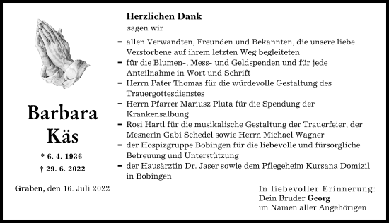 Traueranzeige von Barbara Käs von Schwabmünchner Allgemeine