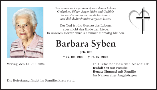 Traueranzeige von Barbara Syben von Friedberger Allgemeine