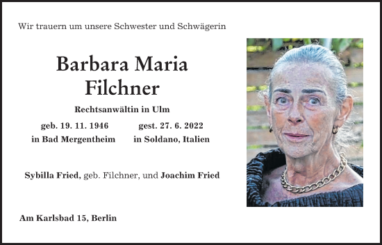 Traueranzeige von Barbara Maria Filchner von Neu-Ulmer Zeitung, Günzburger Zeitung