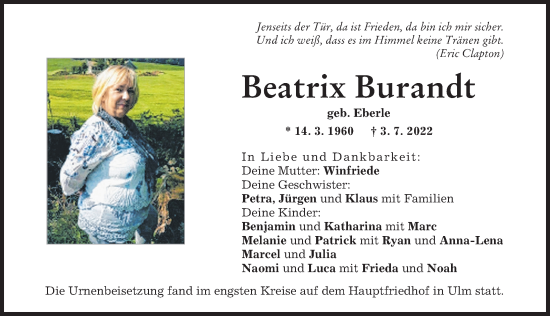 Traueranzeige von Beatrix Burandt von Illertisser Zeitung